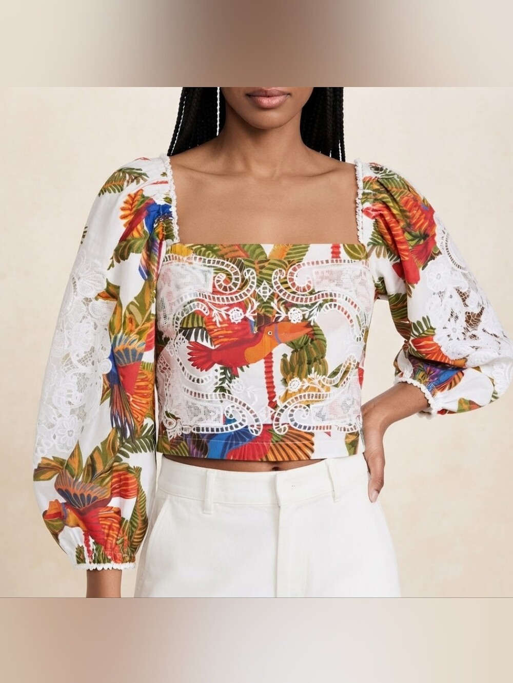 FARM Rio Forest Birds Lace Smocked Crop Top XS
